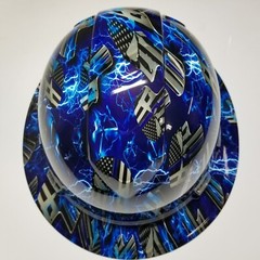 full brim hard hat custom hydro dipped IN BLUE LINE ICE SKULLS BLUE LIGHTNING