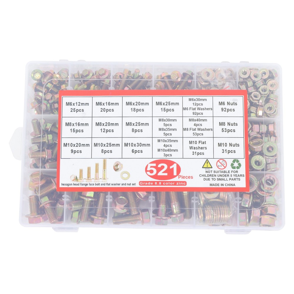521PCS M6 M8 M10 Flange Bolts Assortment Kit 8.8 Grade Alloy Steel