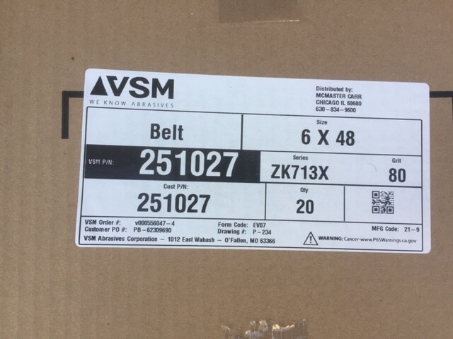 (Case of 20) VSM 251027 6″ x 48″ Abrasive Belt 80 Grit (NEW)