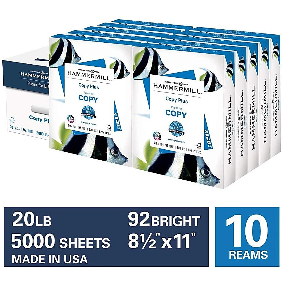 Hammermill Copier Plus Paper Letter Size 8 1/2″ x 11″ 5000 Sheets 10 Reams 20 Lb