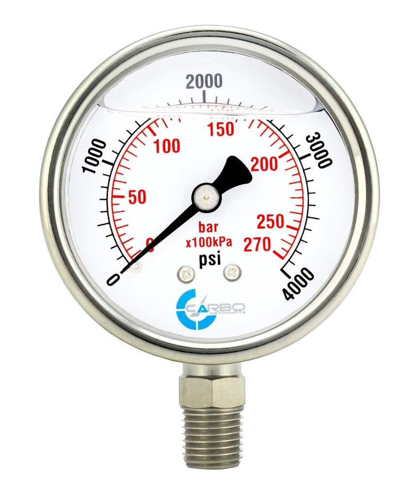 2.5″ LIQUID FILLED PRESSURE GAUGE 0 – 4000 PSI, STAINLESS STEEL CASE LOWER MOUNT