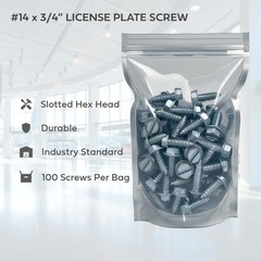 License Plate Screws – Slotted Hex Head – American – #14 x 3/4″ (100 Per Pack)
