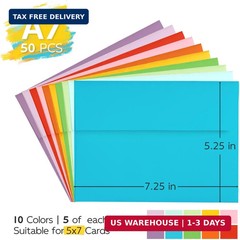 Colored Envelopes Self Seal A7 50 Pack, 10 Colors, Goefun 5.25 x 7.25 Printable