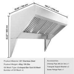Commercial Exhaust Hood 9FT Food Truck Hood Exhaust 201 Stainless Steel