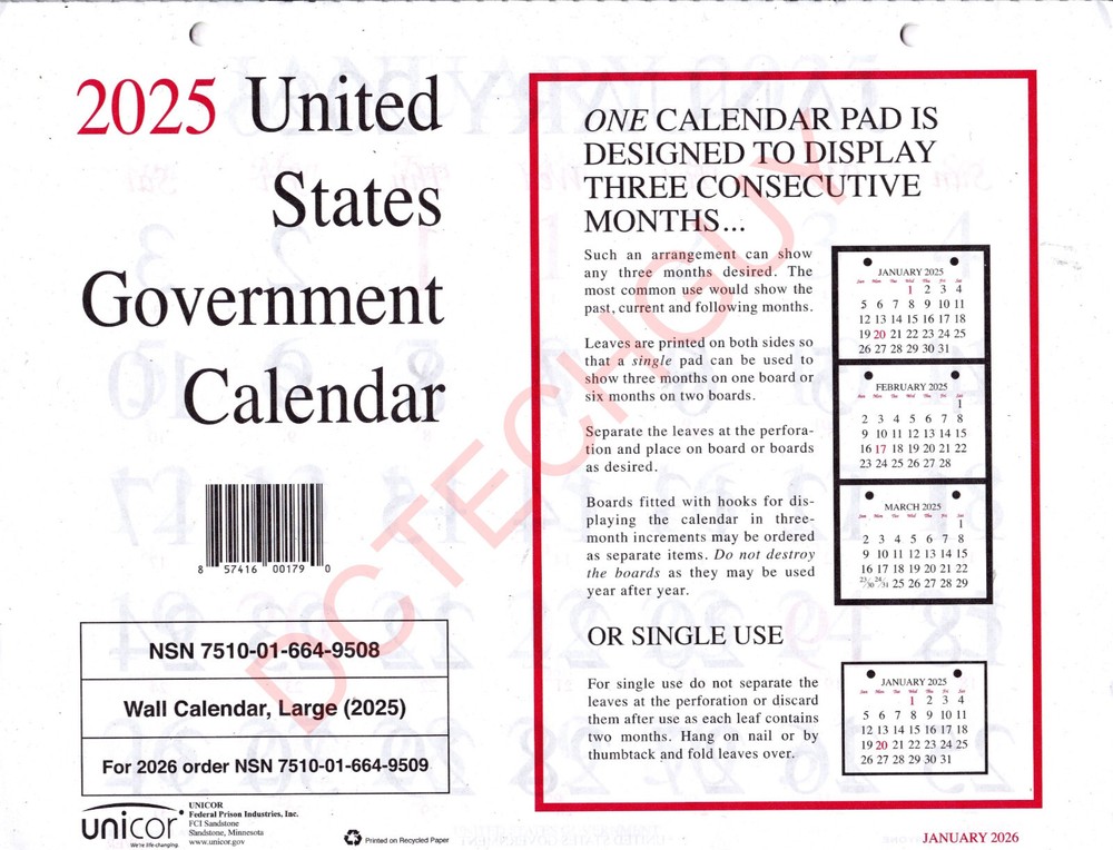 Unicor 2025 Fed Wall Calendar, Qty=1, Individual, Single, Displays 3 Months …