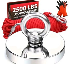 2500lbs Pull Force Strong Magnet Fishing Kit, Includes: Rope, Gloves, Caribiner