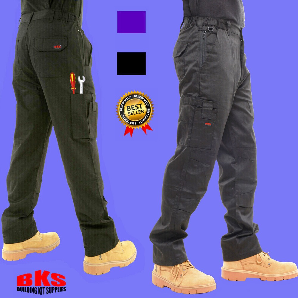 Mens Cargo Combat Work Trousers with Knee Pad Pockets by BKS – BLACK or NAVY