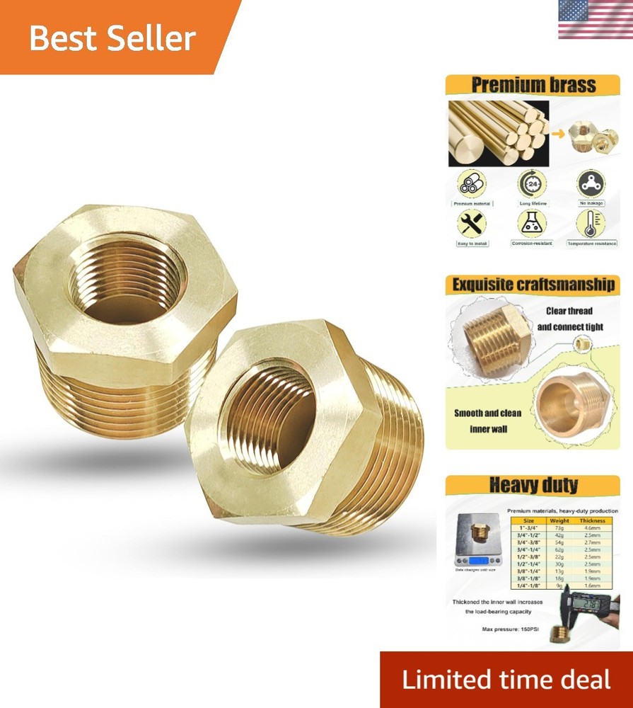 3/4″ Male to 3/8″ Female Brass Reducer Bushing, Versatile NPT Adapter Set of 2