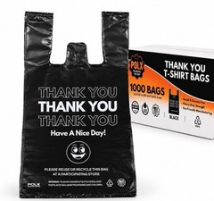 1000 Black Thank You T-Shirt Bags Easy Open HDPE Grocery Carryout 12x7x22 USA