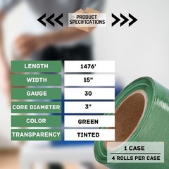 4 Rolls – Green 15″ x 1476′ Pre-Stretch Hand Plastic Shrink Wrap Film 30 Gauge