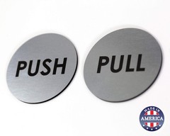 Brushed Silver Push Pull Door Signs – Set of 2, 2″ Round, Laser Engraved Acrylic