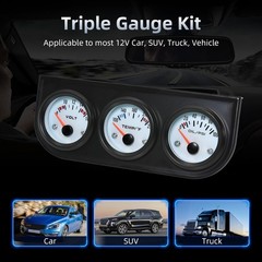 52mm Triple Gauge Set (Oil Pressure+Water Temp+Voltmeter) 3 in1 White Triple …