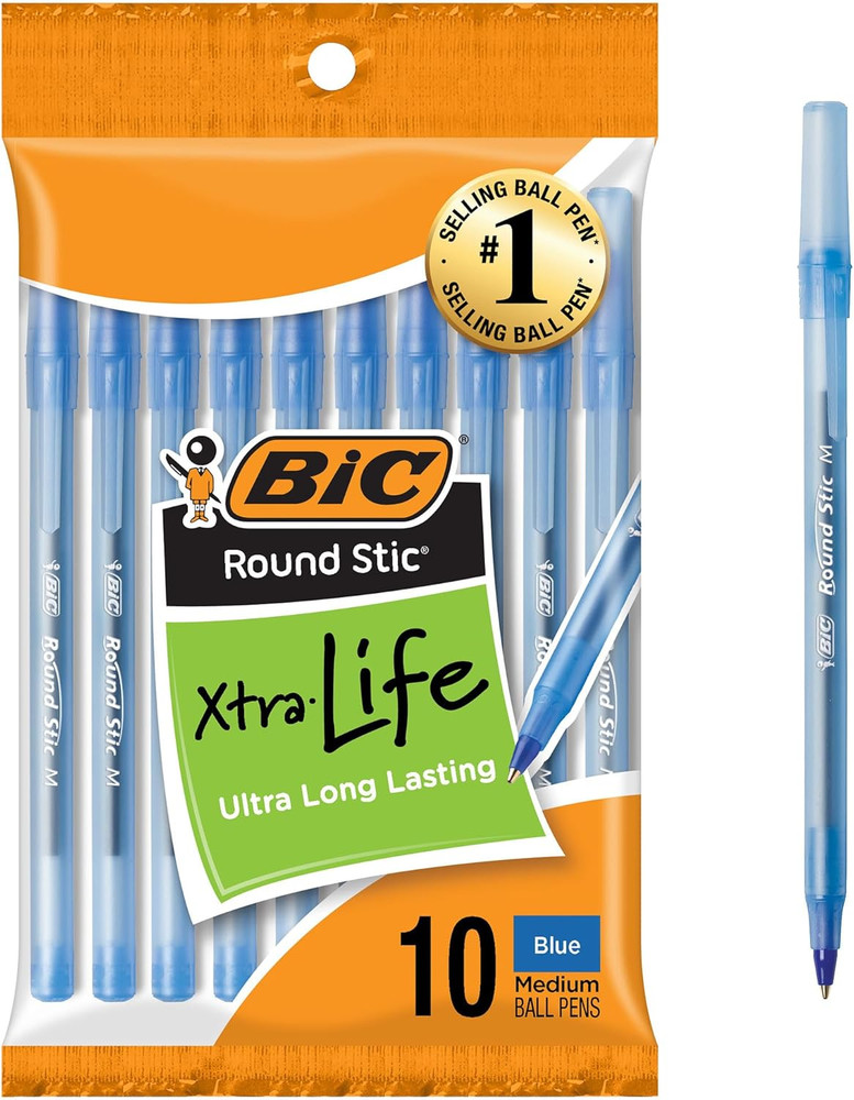 round Stic Xtra Life Blue Ballpoint Pens, Medium Point , 10-Count Pack