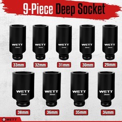 WETT 1/2″ Drive Deep Large Impact Socket Set, 1-1/8″-1-1/2″ (9pc), Black