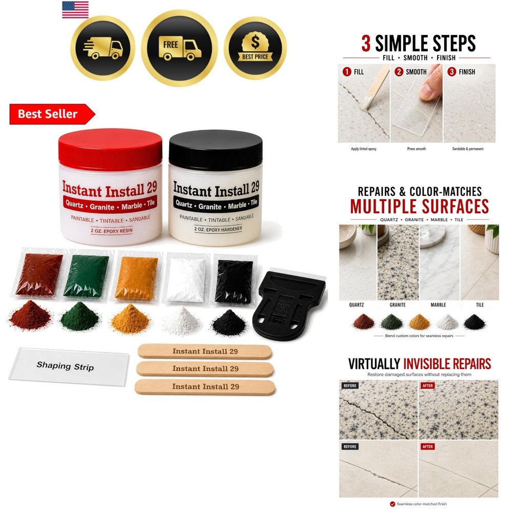 Epoxy Repair Kit – Granite, Marble, & Stone Chip Repair – Color Match Adhesiv…