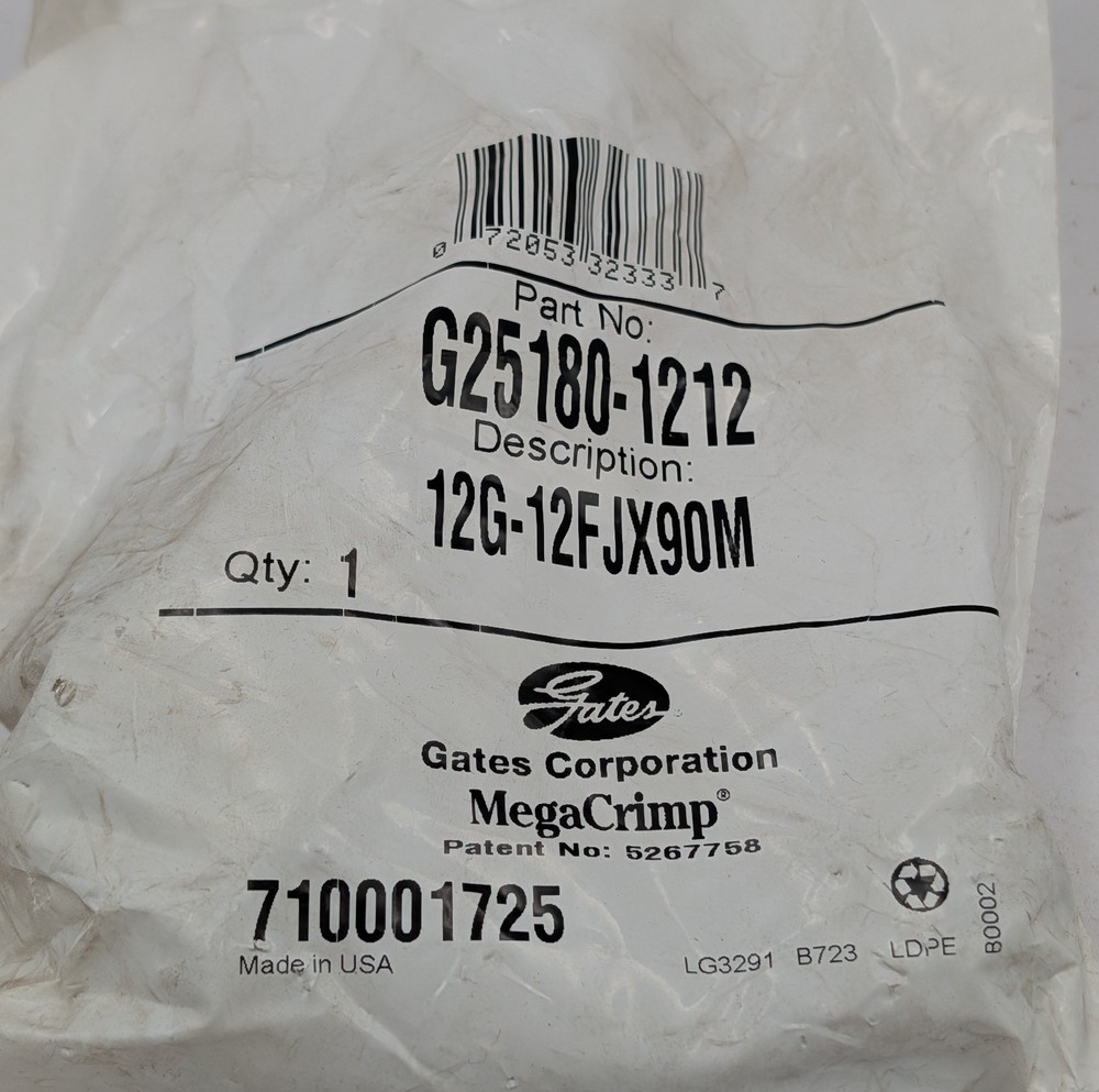 Gates Hydraulic Hose Fitting G25180 1212 12G-12FJX90M MegaCrimp New OEM