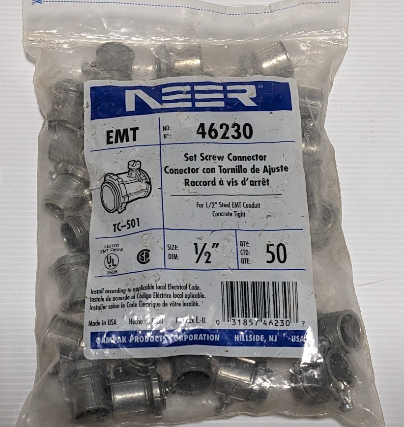 Neer TC-501 EMT Zinc Set Screw Connector 1/2″ Conduit Concrete Tight 50-Pack