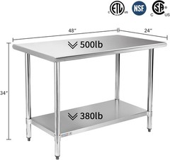 STABLEINK NSF Stainless Steel Prep Table 48 x 24 Inches Metal Work Table with Ad