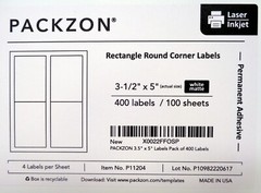 PACKZON 400-Labels 3.5×5 Rounded Corner Self Adhesive 4-Labels/Sheet (NEW)