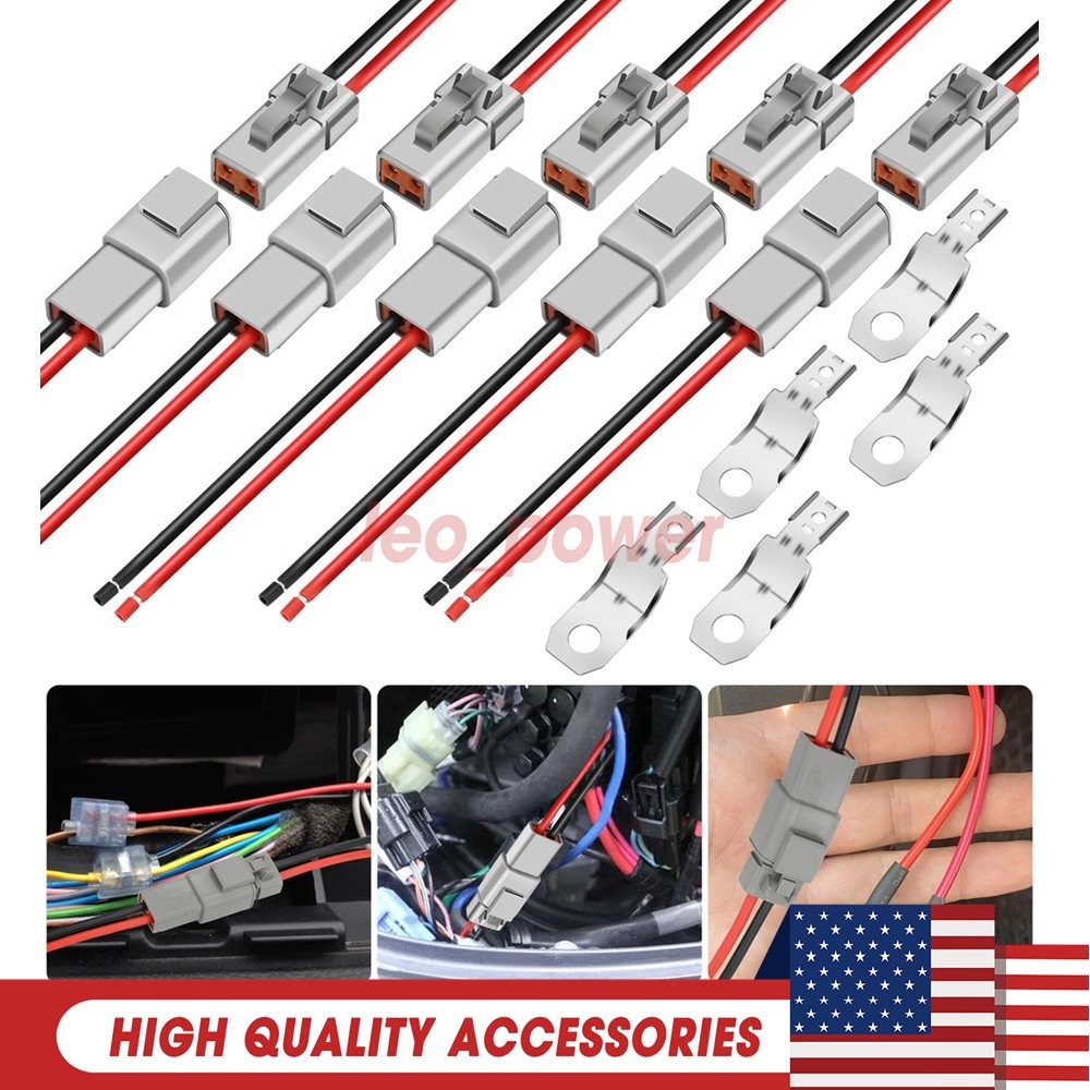 4pairs DTP 2 Pin Connector 12AWG Cable Wire 2 Way Waterproof Plug Wiring Harness