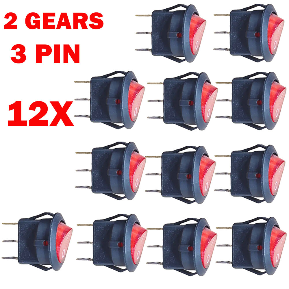 12x For SPST 3 Pin ON/OFF Round Rocker Switch With Red Neon Lamp 10A/125VAC NEW