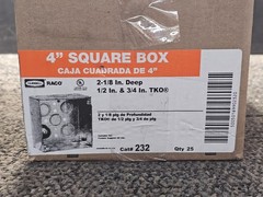 (QTY 25)Raco 232 4″ Square Box, Welded, 2-1/8″ Depth, 1/2 &3/4″ Knockouts, Steel