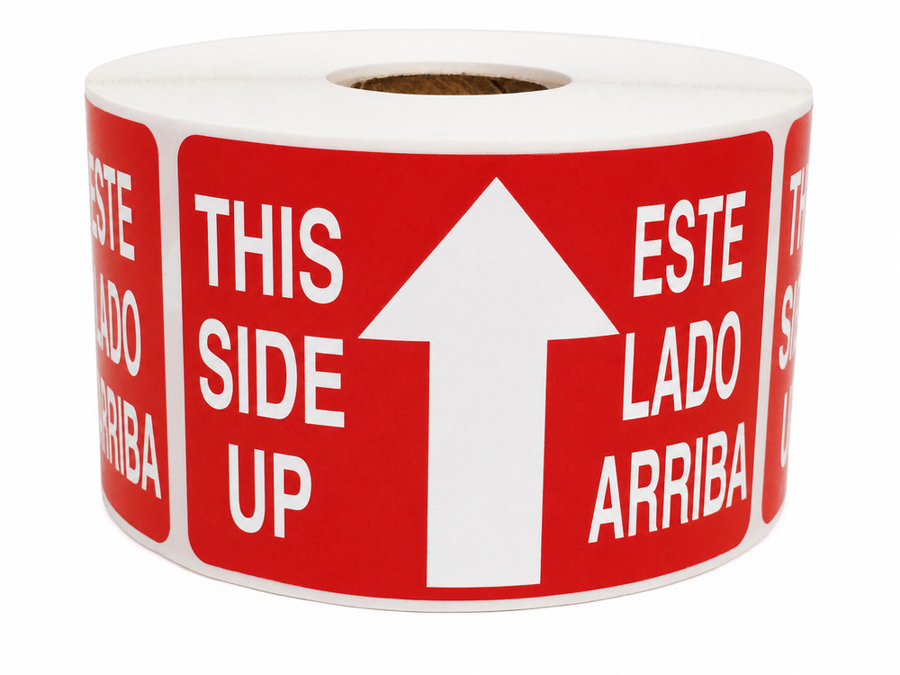 Spanish Labels – This Side Up 2×3 Glass Fragile Stickers 500 Each, 1-40 Rolls