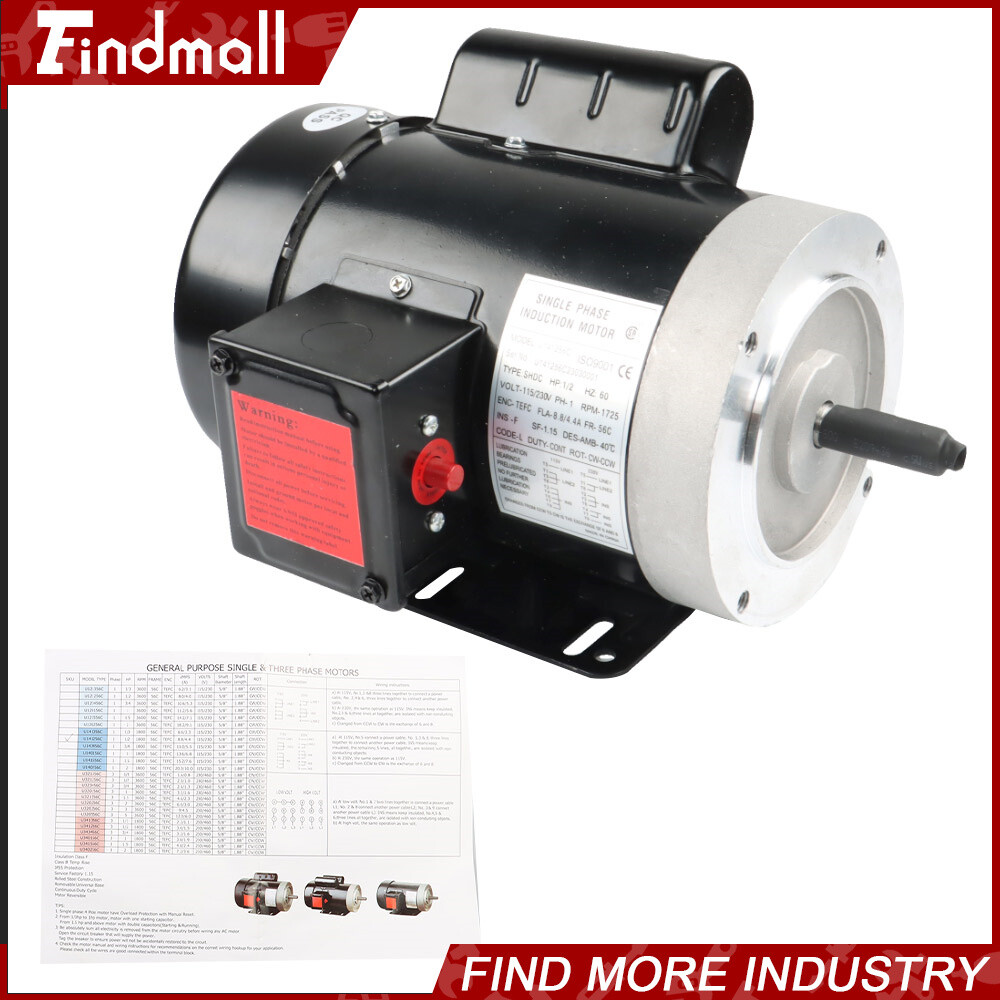 1/2 HP 1750 RPM General Purpose Motor 56C 1 Phase TEFC 60HZ Electric Motor New