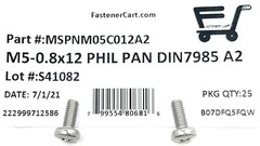 (25) M5-0.8 x12 Stainless Steel Phillips Pan Head Machine Screw DIN7985 A2 M5x12