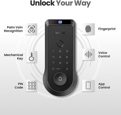 Lockin Veno Smart Deadbolt Lock with Palm Vein, Keyless Single Battery, Black