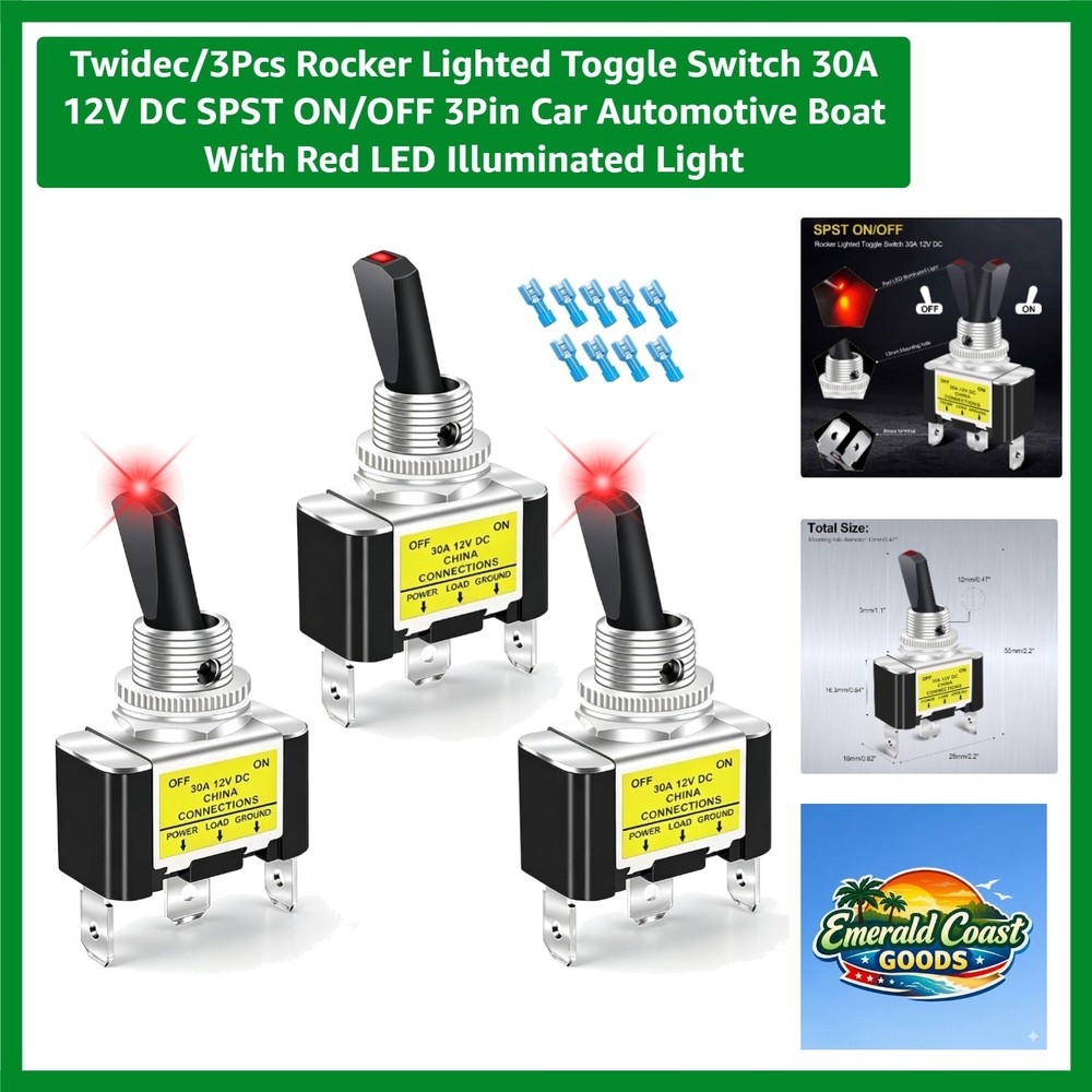 3Pcs Rocker Lighted Toggle Switch 30A 12V DC SPST ON/OFF 3Pin Car Automotive …