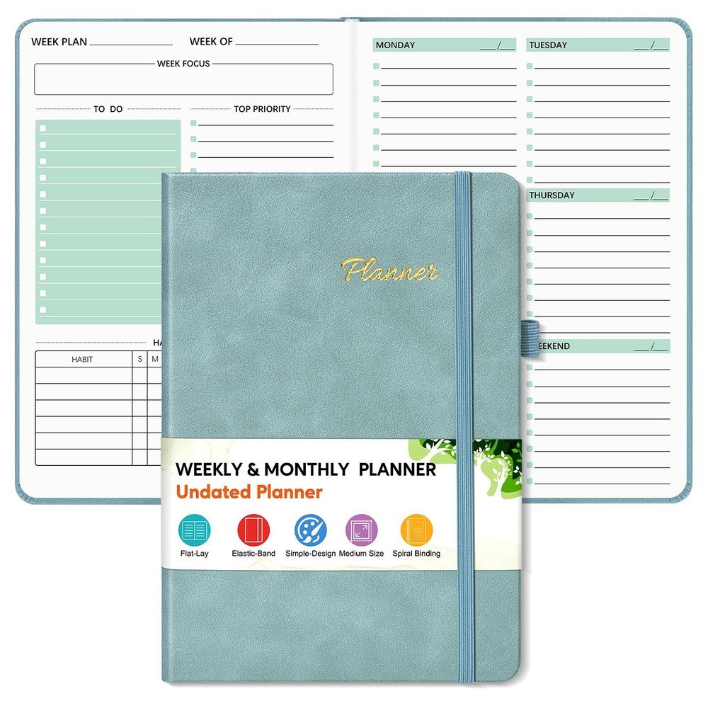 Undated Weekly and Monthly Planner, Hardcover Leather Calendar Blank Planner,…