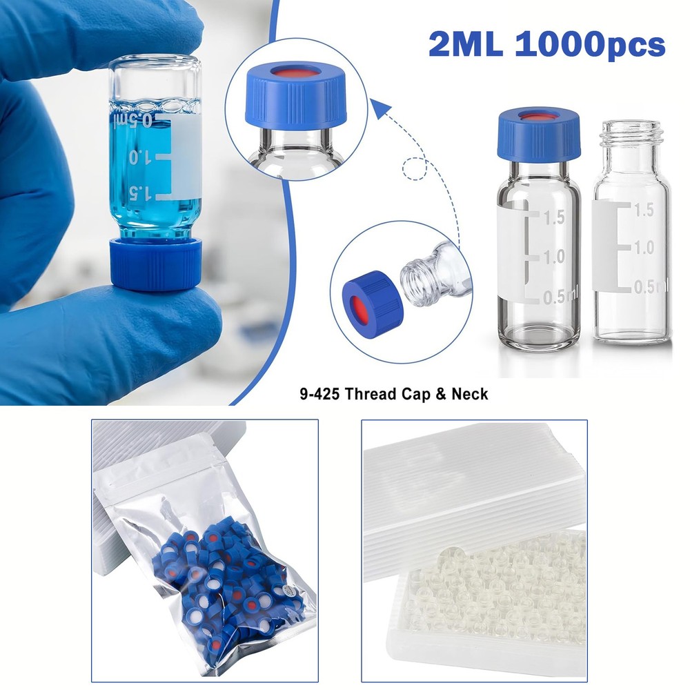 1000PCS 2mL Glass Vials Clear Autosampler vials w Screw Caps 9-425 HPLC GC PTFE