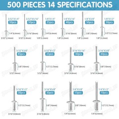 500pcs Pop Rivets Assortment Kit 14 Size SAE Assorted Aluminum Blind Rivets Set