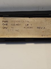 Cutting Tool Technologies Milling Insert: ANSI 1312-030, C5 TIN 6 LOT1188