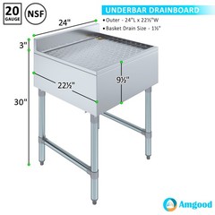 AmGood 24 in. x 22 in. Stainless Steel Underbar Drainboard