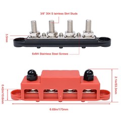 3/8″ / 250A 4 Stud Busbar Bus Bar Power Distribution Terminal Block Red&Black