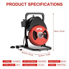 50FTx1/2″ Heavy Duty Drain Cleaner Machine,Auto Feed Sewer Snake Auger W/Cutter