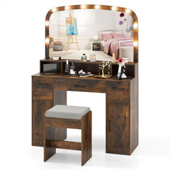 2-Piece Rustic Brown Makeup Vanity Set with Large Mirror 3-Color Lights for Bedr