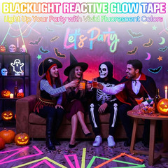 12 Pack Neon Gaffer Cloth Tape, 0.6 Inch X 16.5 Feet UV Fluorescent Glow Blackli