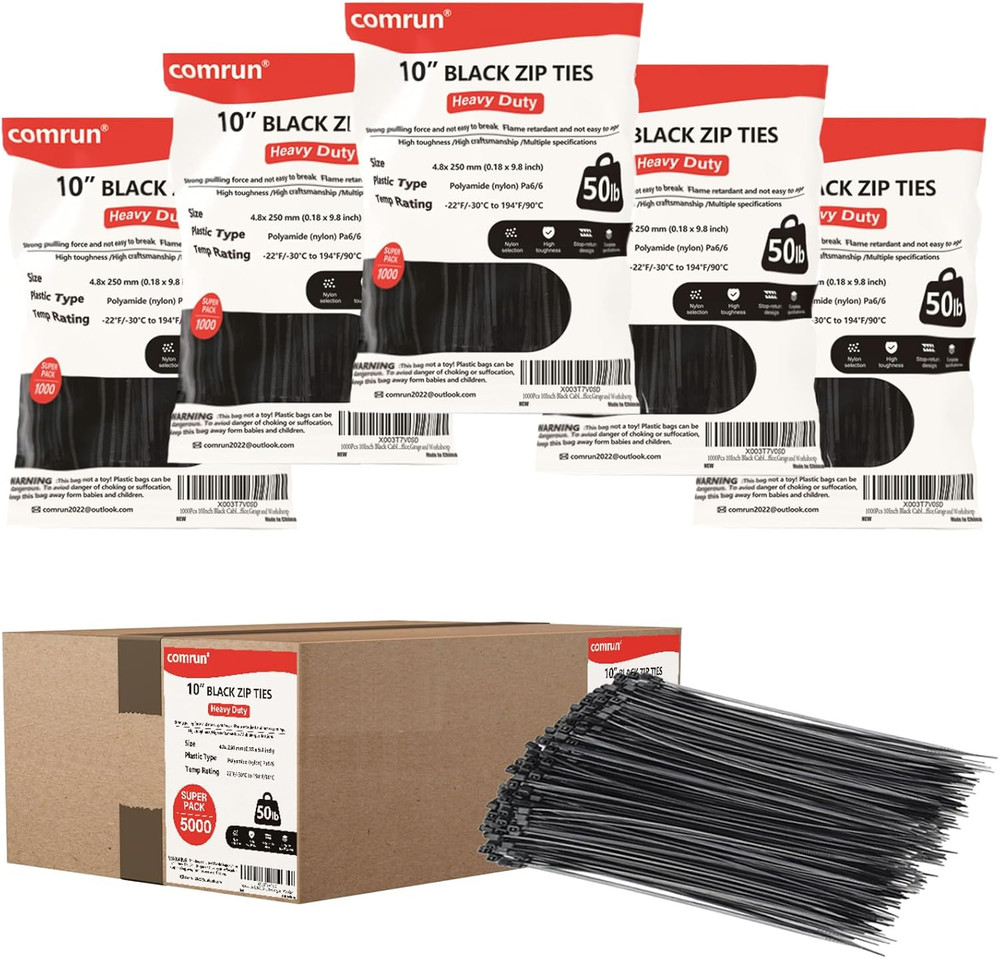 5000Pcs 10Inch Black Cable Tie,Nylon Zip Ties,Industrial Grade,50 Pounds Tensile