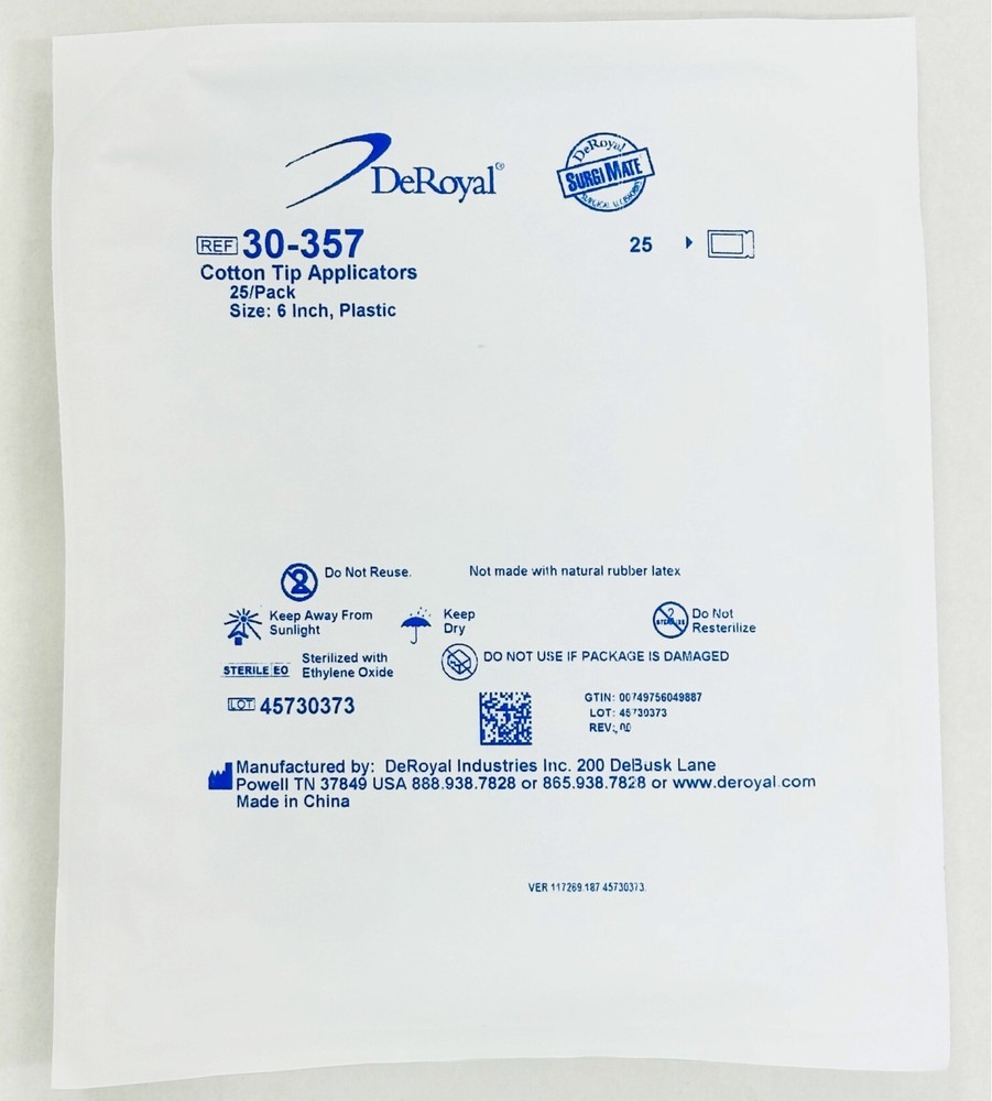 *1-Pack* DeRoyal Plastic Cotton Tipped 6″ Sterile Applicators, 25 Count 30-357