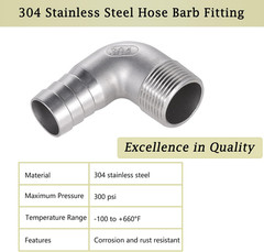 304 Stainless Steel Hose Barb Fitting, 1″ Hose Barb to 1″ NPT Male 90 Degree Elb