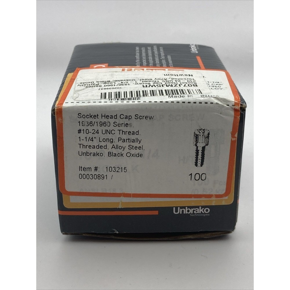 Unbrako Socket Head Cap Screw #10-24 UNC Thread 1-1/4″ Partially Threaded 100