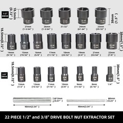DPTOOL 22 Piece Bolt Nut Extractor Set, 1/2″ and 3/8″ Drive 22PC Large Kit