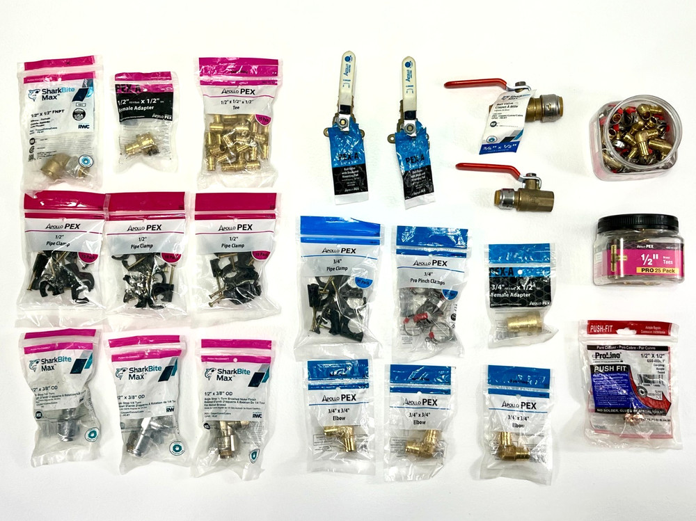 Mixed Lot SharkBite Apollo PEX Fittings Valves Clamps Tees Elbows Push Fit – New