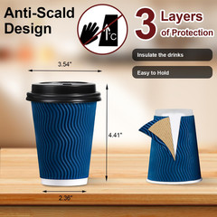 12 OZ Disposable Coffee Cups with Lids 50 Pack, Hot Paper Insulated Corrugated R