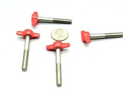 4 Pack – 1/4″- 28 Fine x 2″ Long Thumb Screws / Red Tee Wing / Delrin Head SS