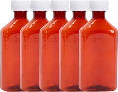 Plastic Amber Oval Liquid Medicine Bottles 8oz – Child Resistant Cap – 5 Count
