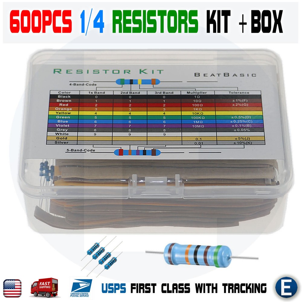 600pcs 30 Values 1/4W Metal Film Resistors + Plastic Box Assortment Kit Set 1%